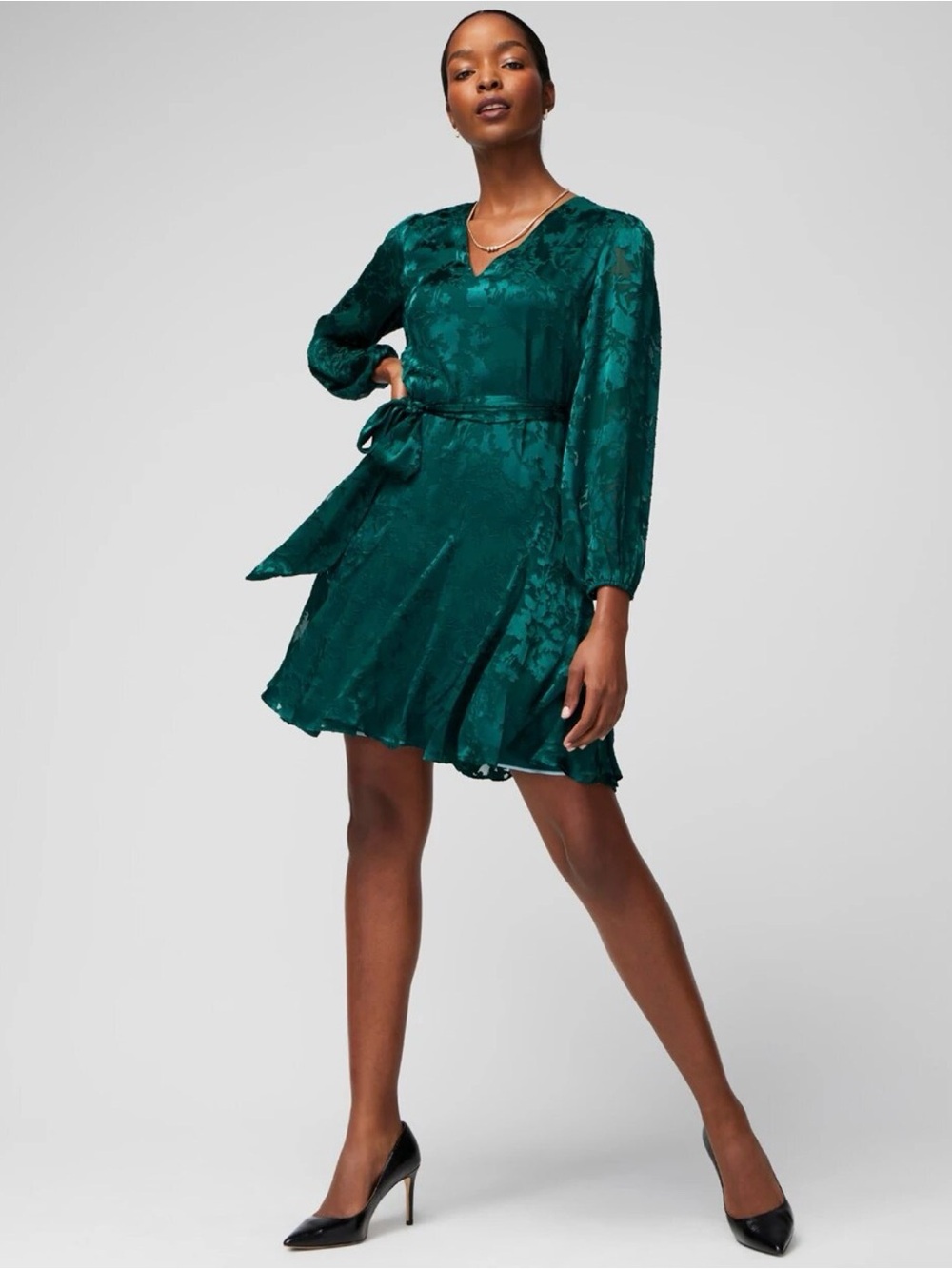 White House Black Market Emerald Jacquard V-Neck Mini Dress